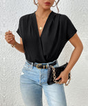 Chic Women's Short Sleeve Blouse with Stylish Wrap Design