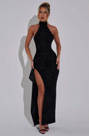 Elegant Evening Dress with High Collar and Slit