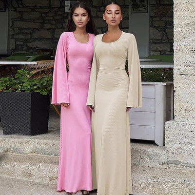 Chic Women's Maxi Dress with Ribbed Design and Stylish Cut-On Sleeves