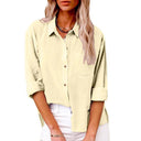 Women's Short Sleeve Linen Blouse with Button Accents