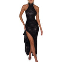 Elegant Evening Dress with High Collar and Slit
