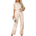 Women's Long Jumpsuit with Tie Belt & Cap Sleeves