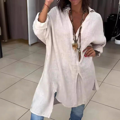 Elegant Women's Linen Blouse with Button Placket and Roll-Up Sleeves