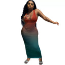 Gradient Women's Long Bodycon Dress with Deep Neckline
