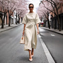 Chic Midi Dress with Wide Waist Belt and Relaxed Sleeves