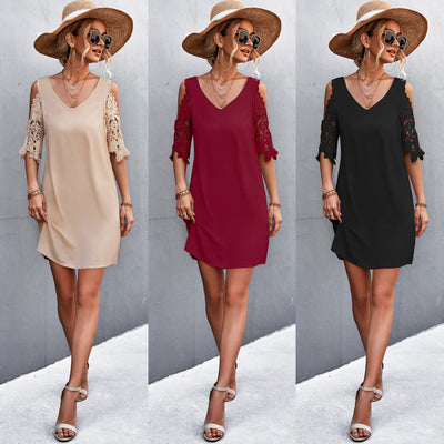 Chic Women's Mini Dress with Lace Inset and V-Neck Design