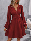 Chic Knee-Length Wrap Dress with Stylish Puff Sleeves
