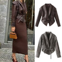 Chic Women's Faux Leather Blazer with Belt