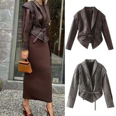 Chic Women's Faux Leather Blazer with Belt