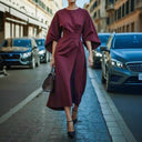 Chic Women's Maxi Dress with Balloon Sleeves and Waist Belt