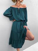 Women's Off-Shoulder Ruffled Dress with Waist Belt