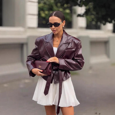 Women's Faux Leather Blazer with Adjustable Belt