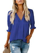 Chic V-Neck Blouse with Ruffled Sleeves and Pleats