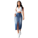 Trendy Women's High Slit Denim Skirt with Frayed Hem