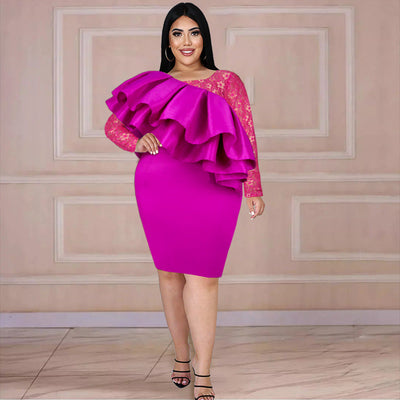 Asymmetrical Ruffle Dress with Lace Detail
