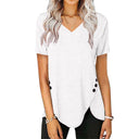 Stylish Women's V-Neck Tee with Asymmetrical Hem & Button Accents