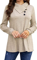 Women's Long Sleeve Blouse with Asymmetrical Collar & Button Trim