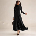 Chic Long Sleeve Maxi Dress with High Collar and Flowing Skirt
