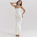 Women's Long-Sleeved Evening Dress with Structured Bodice and Ruffled Waistline