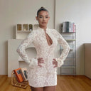Chic Women's Lace Mini Dress with Deep V-Neck & Sheer Elements