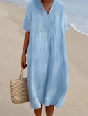 Women's V-Neck Midi Dress with Short Sleeves