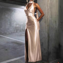 Chic Evening Dress with Deep V-Neck and Flowy Slit