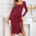 Chic Women's Long Sleeve Ruched Dress with Side Slit