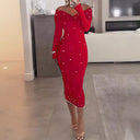 Off-Shoulder Midi Dress with Pearl Accents