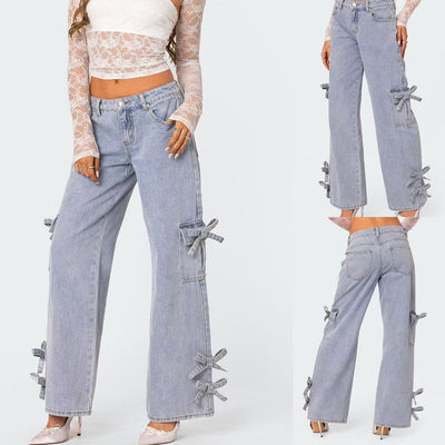 Chic Women's Cargo Jeans with Bow Accent