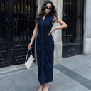 Button-Up Midi Dress with Ruching Design