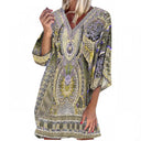 Women's Kaftan Dress with Deep V-Neck & Trumpet Sleeves