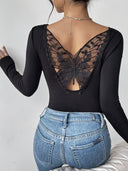 Chic Women's Long Sleeve Bodysuit with Lace Accents and Back Cut-Out Design