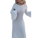 Chic Women's Midi Dress with Deep Back Cut and Striped Design