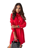 Women's Knee-Length Pleated Shirt Dress with Stylish Waist Belt