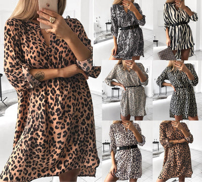 Chic Geometric Patterned Shirt Dress with Waist Belt