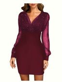 Stylish Glitter Cocktail Dress with Sheer Sleeves