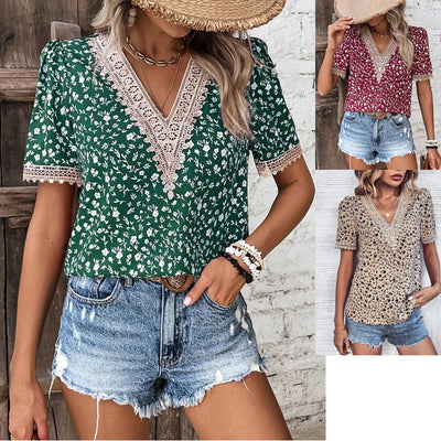 V-Neck Women's Blouse with Lace Accents