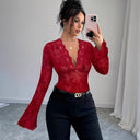 Women's Lace Top with Deep V-Neck & Ruffle Accents