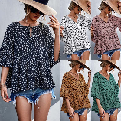 Chic Women's Blouse with Statement Sleeves and Polka Dot Design