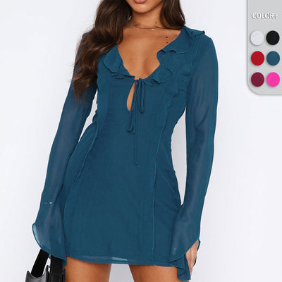 Ruffled Women's Dress with Deep V-Neck Design