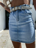 Women's Stylish Denim Skirt with Elastic Waist and Trendy Belt