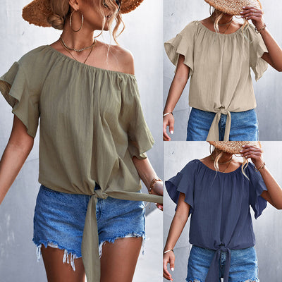 Chic Women's Blouse with Knot Detail and Puffed Sleeves