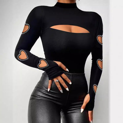 Chic Long Sleeve Bodysuit with Heart Cut-Outs and Rhinestone Accents