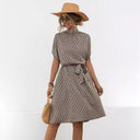Chic Bow Pattern Dress with High Collar