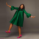 Women's A-Line Dress with Dramatic Sleeves and Luminous Finish