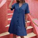 Chic Women's Knee-Length Shirt Dress with Short Sleeves