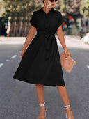 Chic Knee-Length Shirt Dress with Waist Belt and V-Neck Design