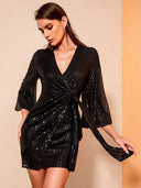 Sparkling Long Sleeve Wrap Dress with High Slit
