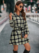 Checkered Long Sleeve Shirt Dress with Tie Belt