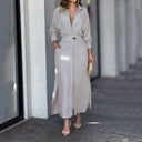 Women's Linen Maxi Dress with Button Placket and Side Slits